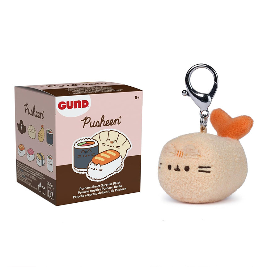 Pusheen plush keychain in the shape of tempura shrimp with packaging on a white background.