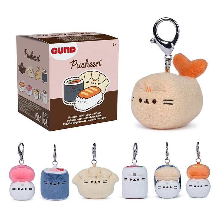 Pusheen plush keychain with packaging and five additional sushi-shaped keychains on a white background.