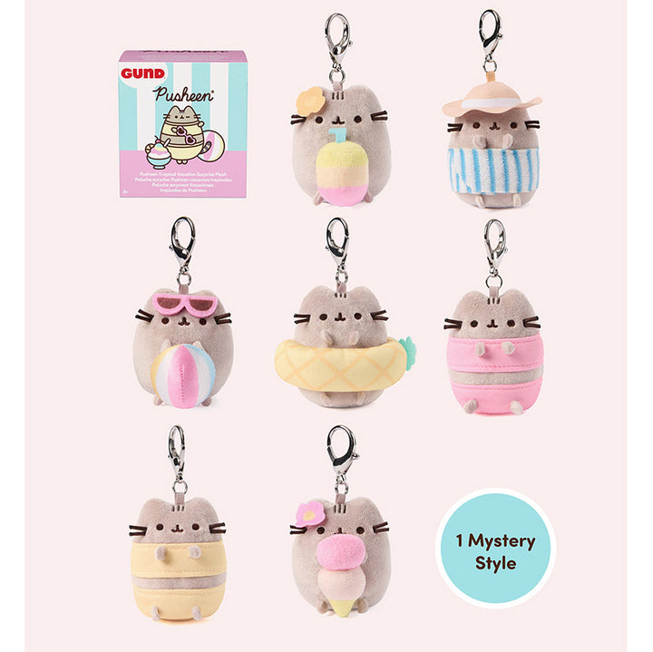 Seven Pusheen keychain plush toys in different pastel summer-themed outfits are arranged on a gray background, with the GUND Pusheen box in the top left and a &