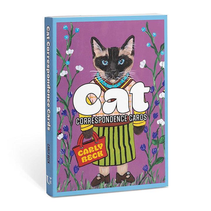 Correspondence card deck packaging with illustration of a cat in a fancy outfit on a purple background.