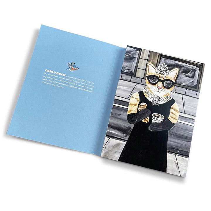 Greeting card with  illustration of a cat dressed as Audrey Hepburn on a white background.