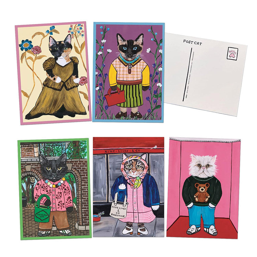 Set of postcards featuring cats in various outfits with a white background.