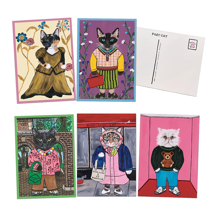 Set of postcards featuring cats in various outfits with a white background.