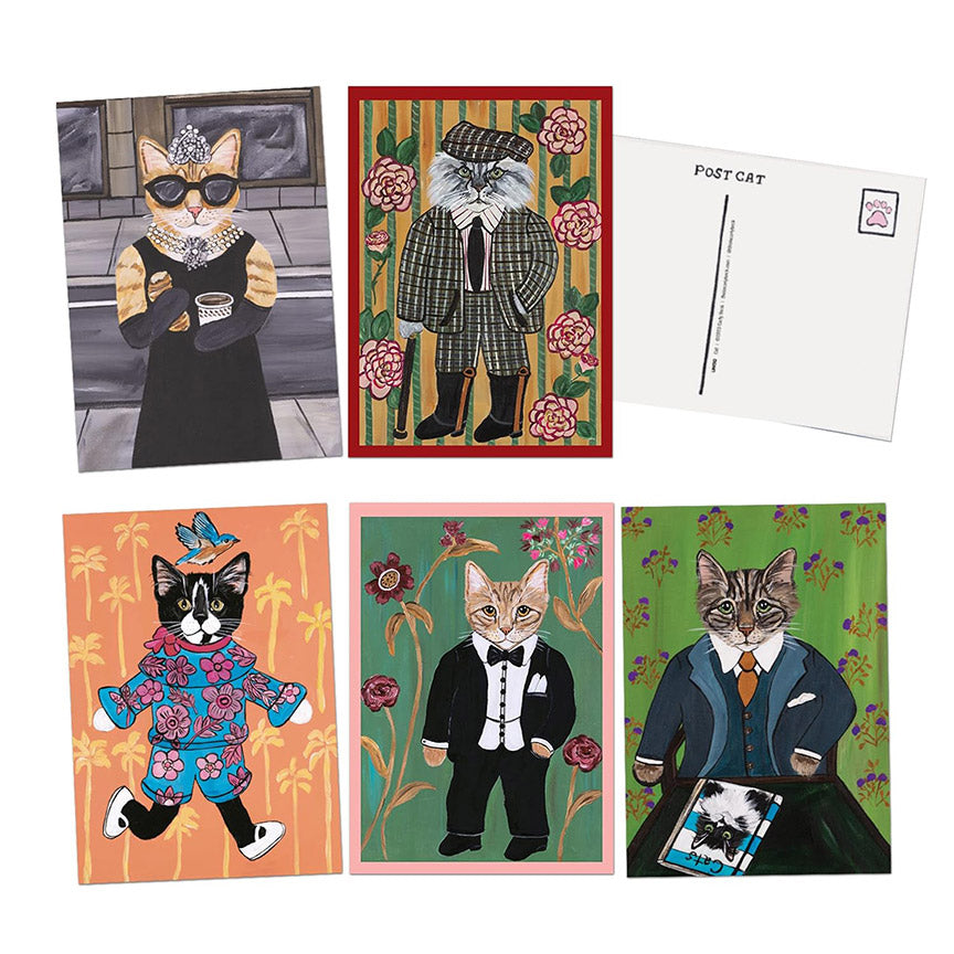Set of six postcards featuring illustrated cats in various outfits on a white background.