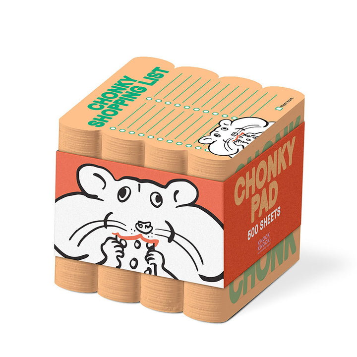 Stack of orange "Chonky Pad" notepads with cartoon hamster design on a white background