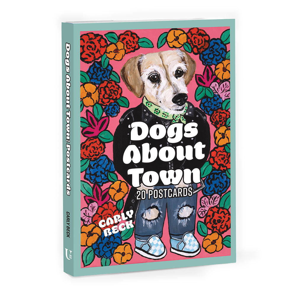Postcard book titled 'Dogs About Town' with an illustration of a dog in ripped jeans and a leather jacket on a colorful floral background.