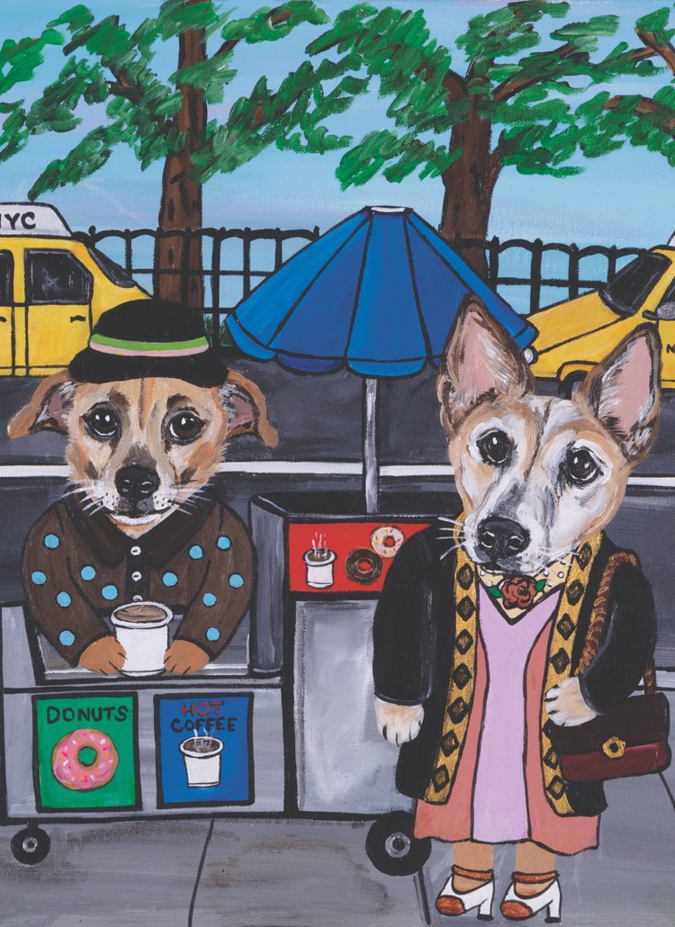 lllustration of two dogs in outfits on a city street with a donut stand and taxi.