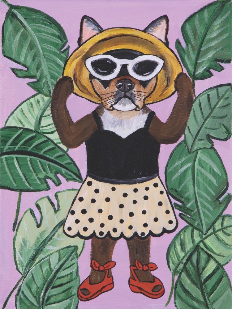 Illustration of a dog wearing a hat, sunglasses, dress, and shoes with palm leaves on a pink background.