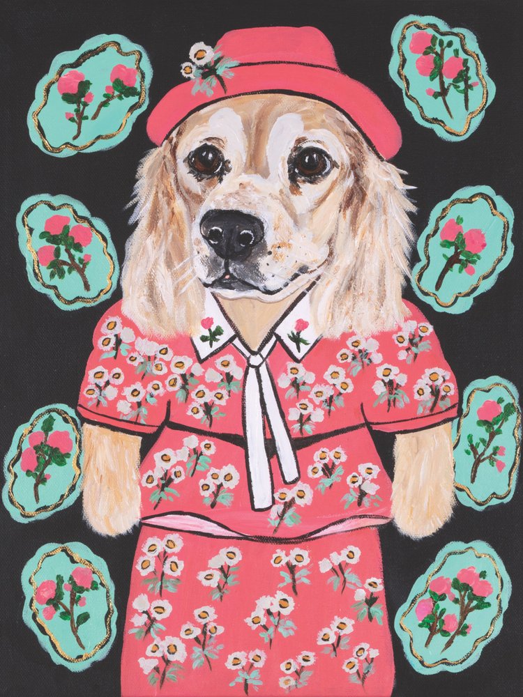 Illustration of a dog wearing a pink outfit with floral patterns on a black background.