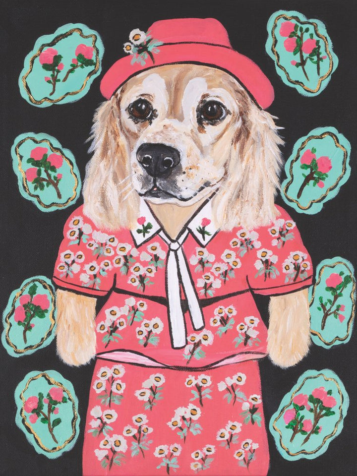 Illustration of a dog wearing a pink outfit with floral patterns on a black background.