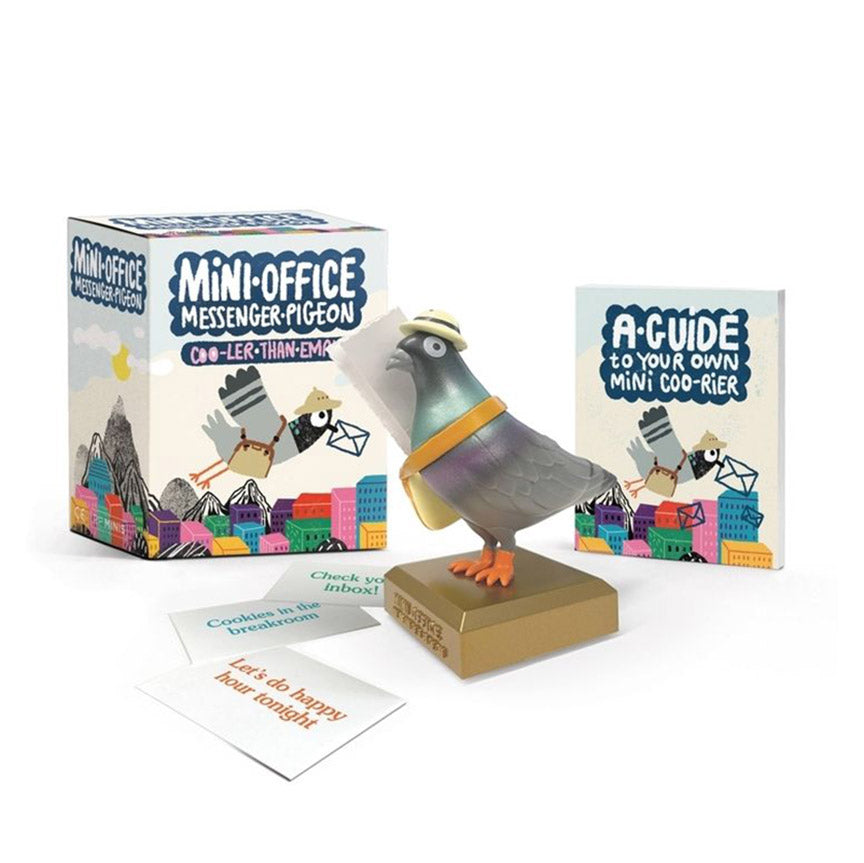 A messenger pigeon miniature set, which includes a figure of a pigeon with a messenger bag with a folded paper inside and a little mail carrier hat. A box with &