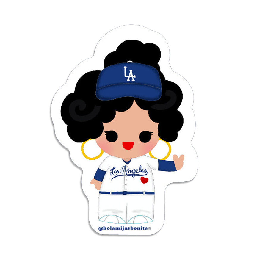 Sticker of a character with curly black hair and hoop earrings wearing a Los Angeles Dodgers uniform and cap on a white background.