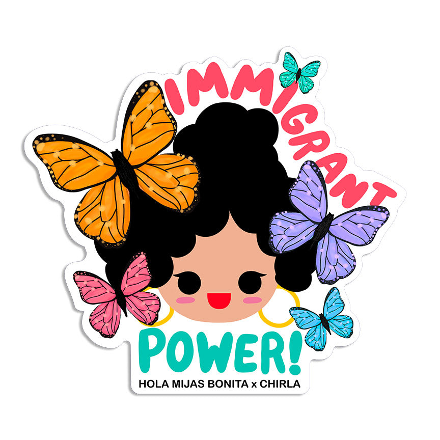 Sticker of a character with black curly hair and hoop earrings covered in butterflies and text &