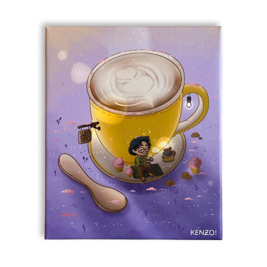 A rectangular art print featuring a whimsical illustration of a yellow latte cup on a purple background, with a small seated figure drinking a smaller latte under the cup and a spoon sitting next to the cup.