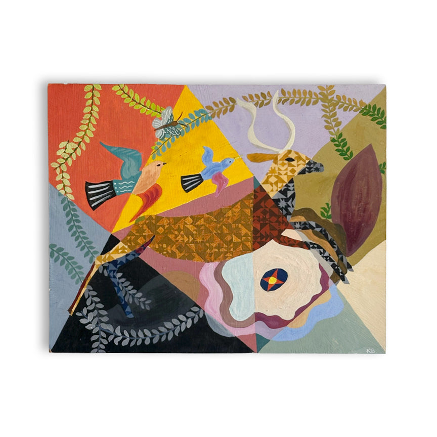 A colorful abstract painting featuring stylized deer, birds, and botanical motifs arranged across geometric shapes in orange, yellow, green, blue, black, and cream, shown against a plain white background.