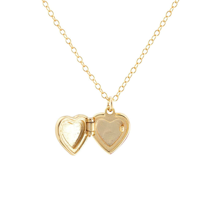 A gold  heart-shaped locket pendant necklace on a delicate gold chain, shown open with space inside for a photo, against a plain white background. 