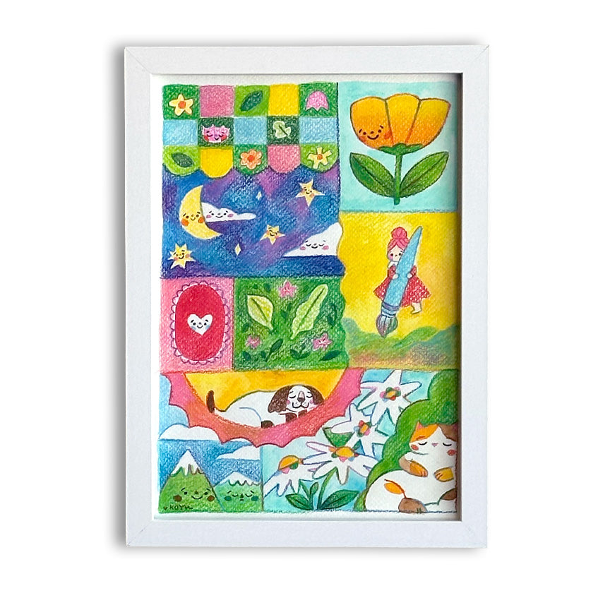 A framed colorful art print featuring whimsical patchwork cartoon-style illustrations, including a yellow tulip, a girl with a paintbrush, a sleeping dog, flowers, mountains, and a cat, shown against a plain white background.