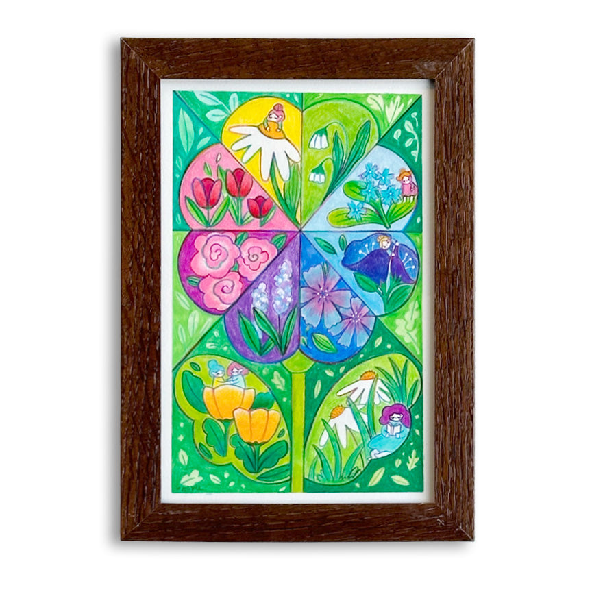 A framed art print featuring a colorful, whimsical illustration of a segmented eight-petal flower with spring elements like tulips, daisies, and fairies in each petal, set in a dark brown wooden frame against a white background.