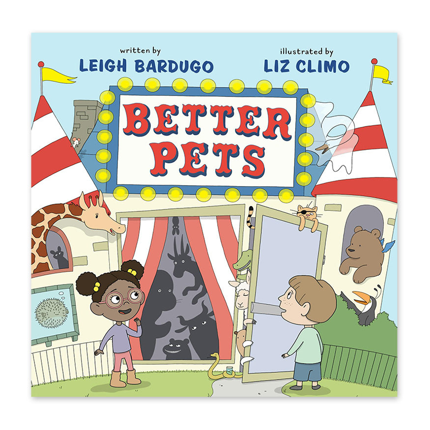 Children's book cover titled 'Better Pets' with illustrated cover art showing a circus-style sign, red-and-white striped tent, a giraffe, a bear, and more animals with two children standing in front of the tent. 