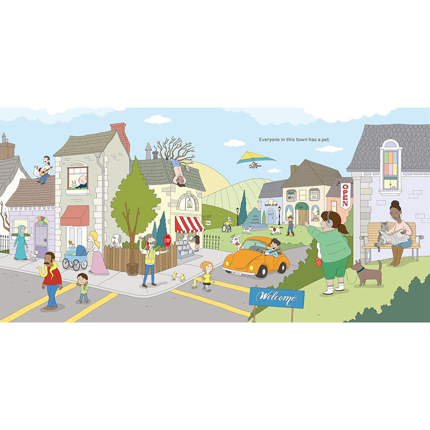 A colorful illustrated street scene with houses, people, a car, trees, and a blue &