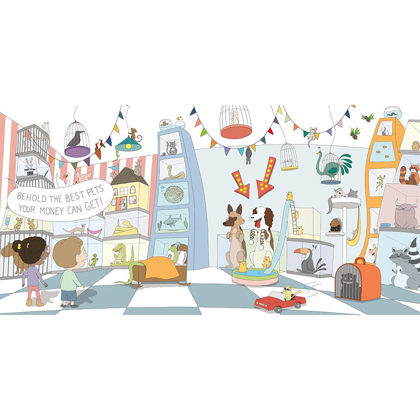 A whimsical illustrated pet store scene with cartoon animals, shelves, cages, bunting, and children walking in the foreground. 