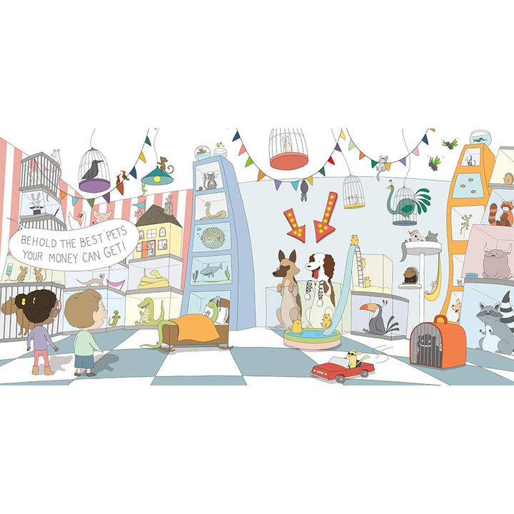 A whimsical illustrated pet store scene with cartoon animals, shelves, cages, bunting, and children walking in the foreground. 