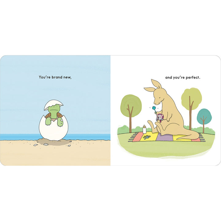 Two illustrations, one of a little turtle coming out of a shell, and the other of a mother kangaroo on a picnic blanket with a baby joey in her pouch.