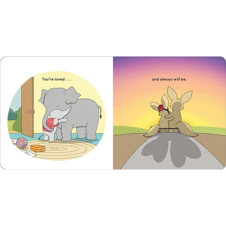 Two illustrations, one of an elephant hugging a baby elephant with a backpack on, and the other of two fennec foxes on a skateboard hugging and watching a sunset.