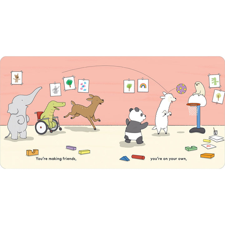 An illustration of a group of animals - an elephant, an alligator in a wheelchair, a deer, a panda, a llama, and a sloth - all working together to hit a ball into a basketball hoop.