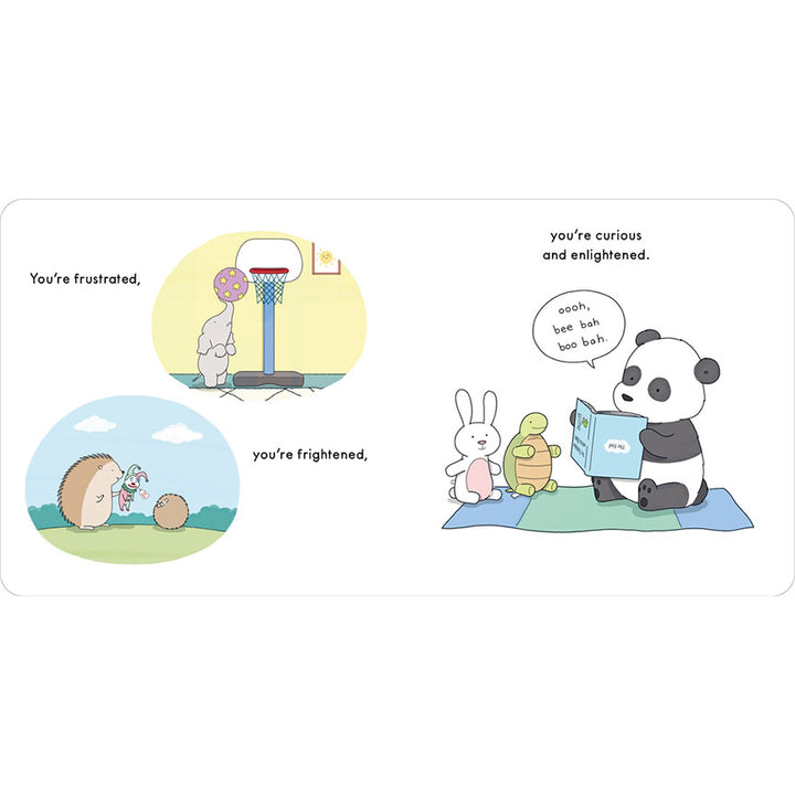 Three illustrations; one of a baby elephant struggling to reach a basketball hoop, one of a hedgehog being scared by a clown doll, and the third of a baby panda reading to two stuffed animals.