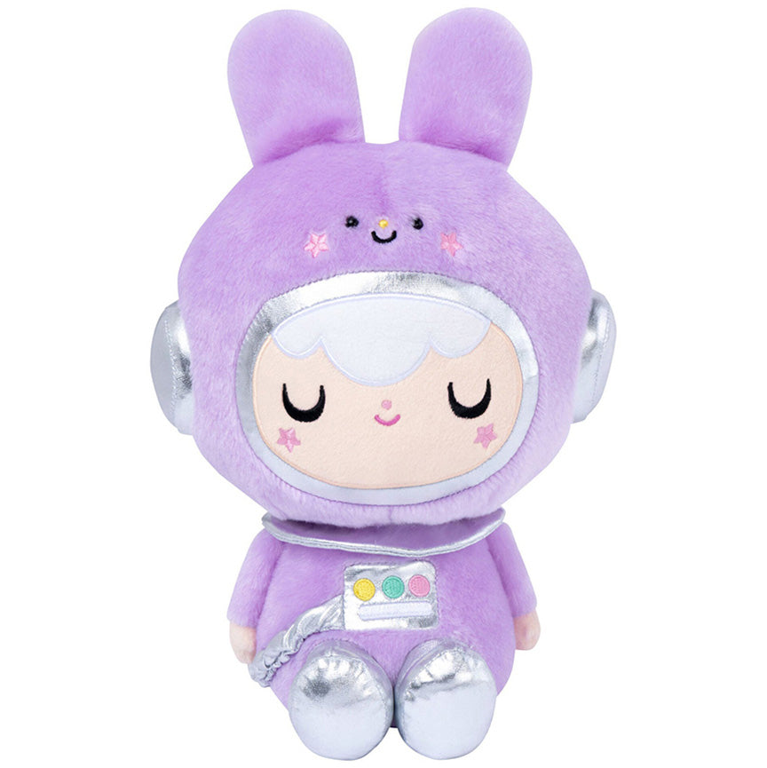 Plush of a girl with white skin and white hair wearing a purple bunny space suit with silver details. 