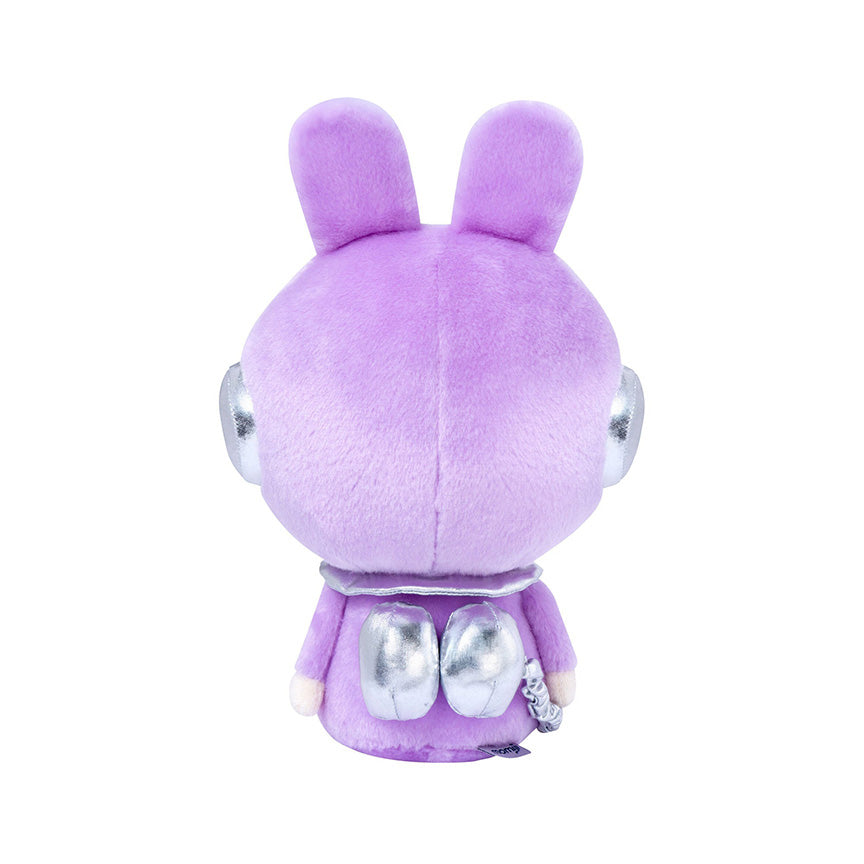 Back view of a plush of a girl with white skin and white hair wearing a purple bunny space suit with silver details. 