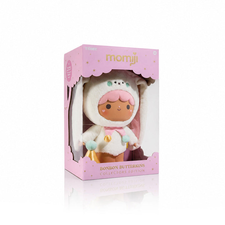 The plush Momiji doll presented inside its pink and gold star box packaging against a white background.