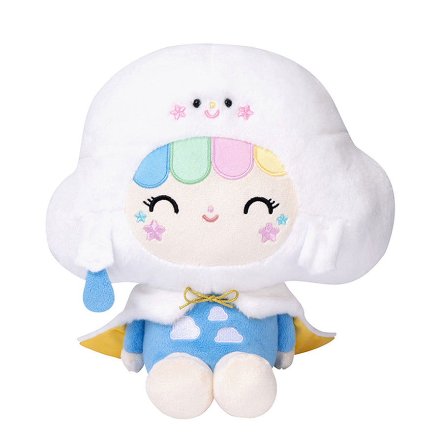 Plush of a girl with white skin and rainbow hair wearing a smiling cloud hat, white cape, and blue cloud outfit. 