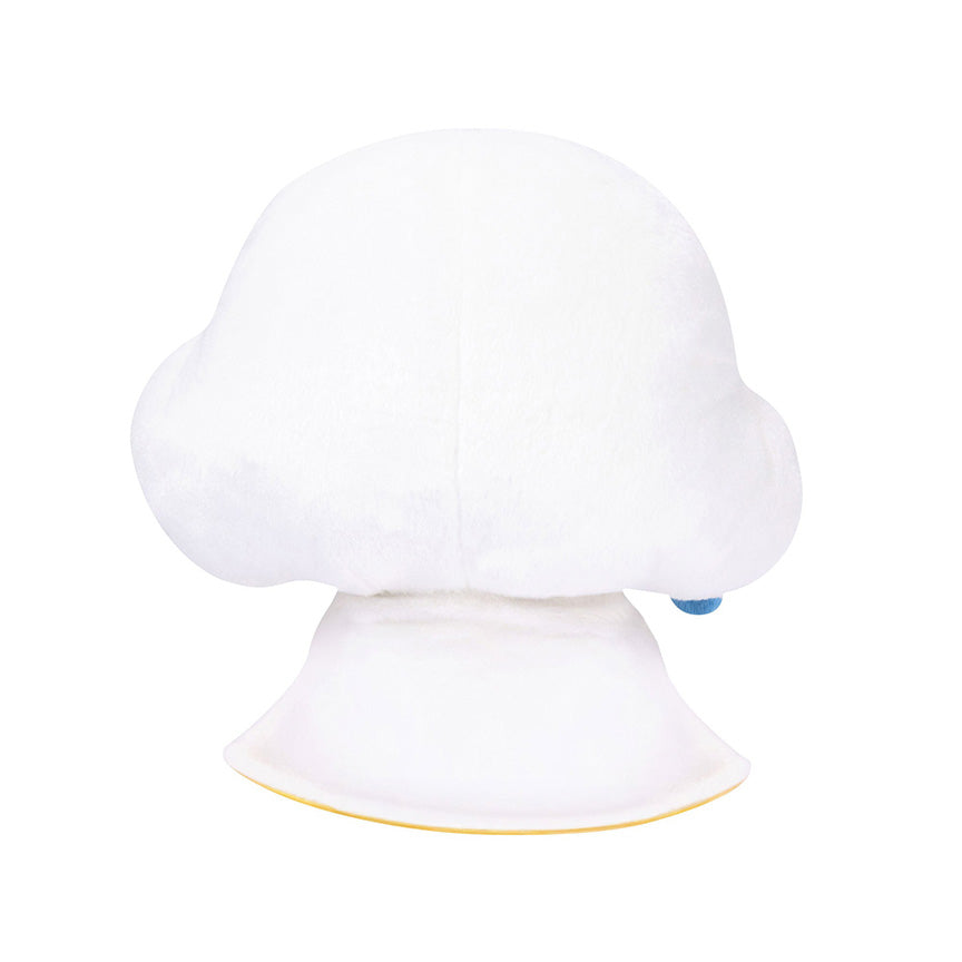 Back view of a plush of a girl with white skin and rainbow hair wearing a smiling cloud hat, white cape, and blue cloud outfit. 