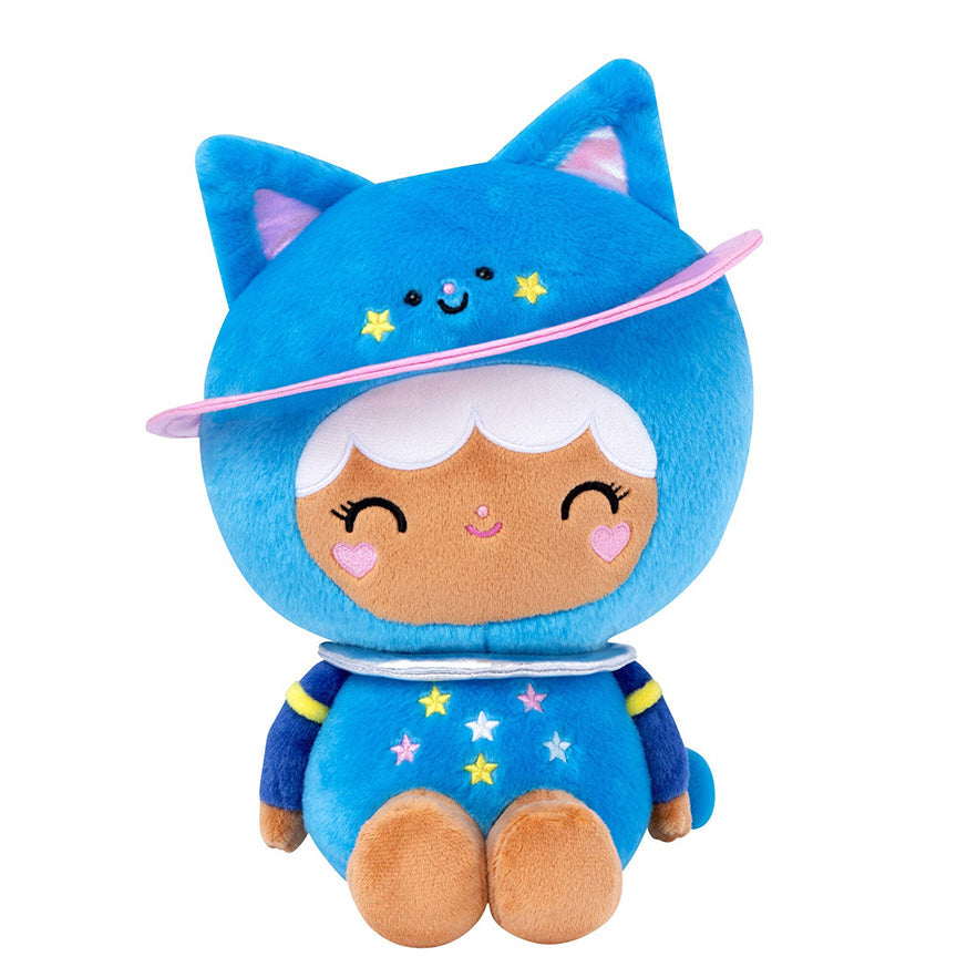 Plush of a girl with brown skin and white hair wearing a blue cat/planet-themed spacesuit.