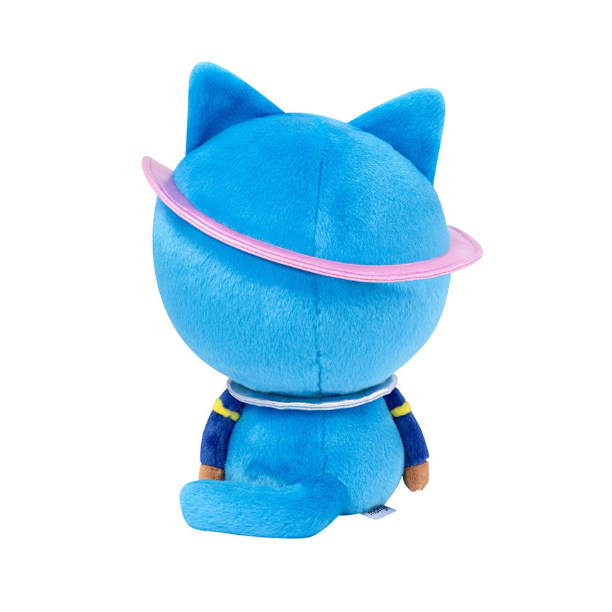 Back view of a plush of a girl with brown skin and white hair wearing a blue cat/planet-themed spacesuit. Spacesuit includes cat-tail on back.