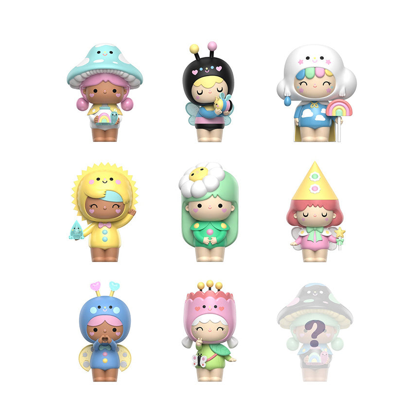 Picture of nine varying designs possible in blind box, including a secret design only half shown. All characters are nature themed with designs like clouds, flowers, cute bugs and more.