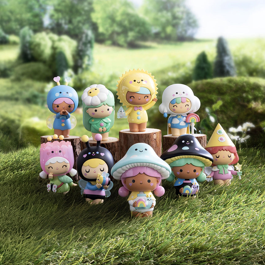 Picture of nine varying designs possible in blind box. All characters are nature themed with designs like clouds, flowers, cute bugs and more. Characters are on a meadow-like background.