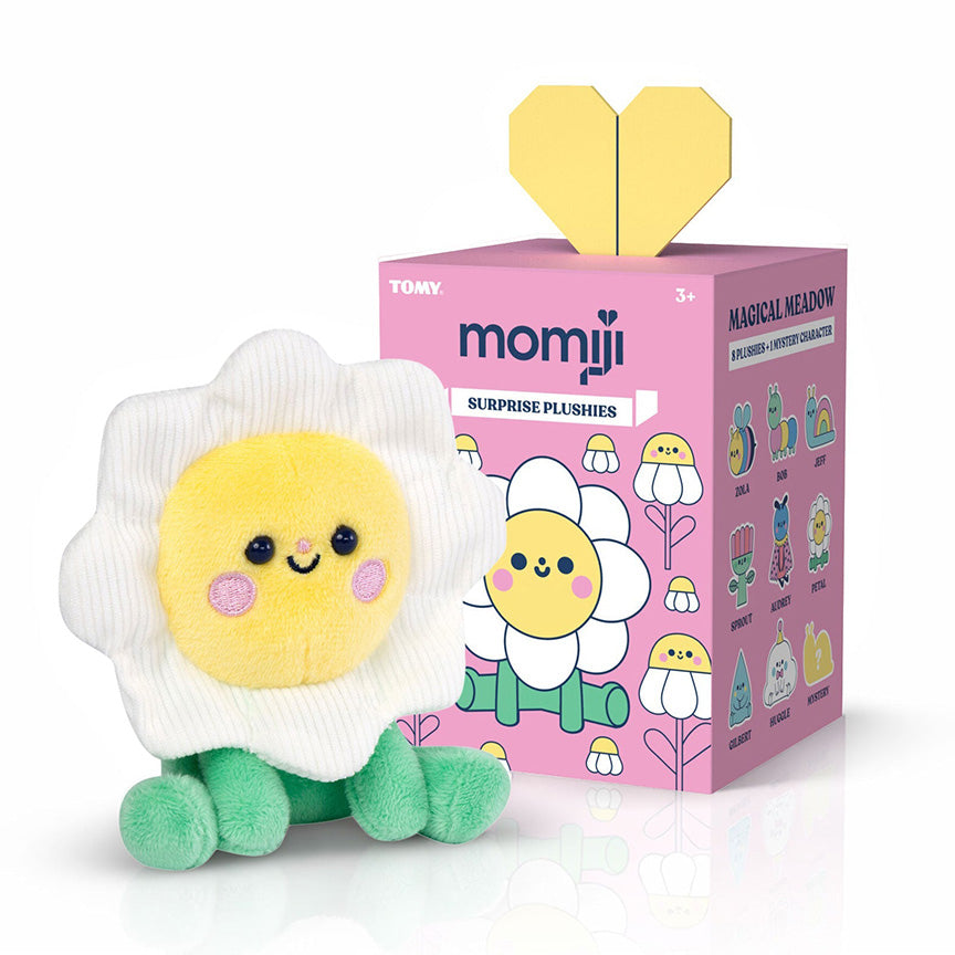 Plush of a cute smiling daisy character, sitting. White petals on daisy are corduroy material. Plush is next to it&