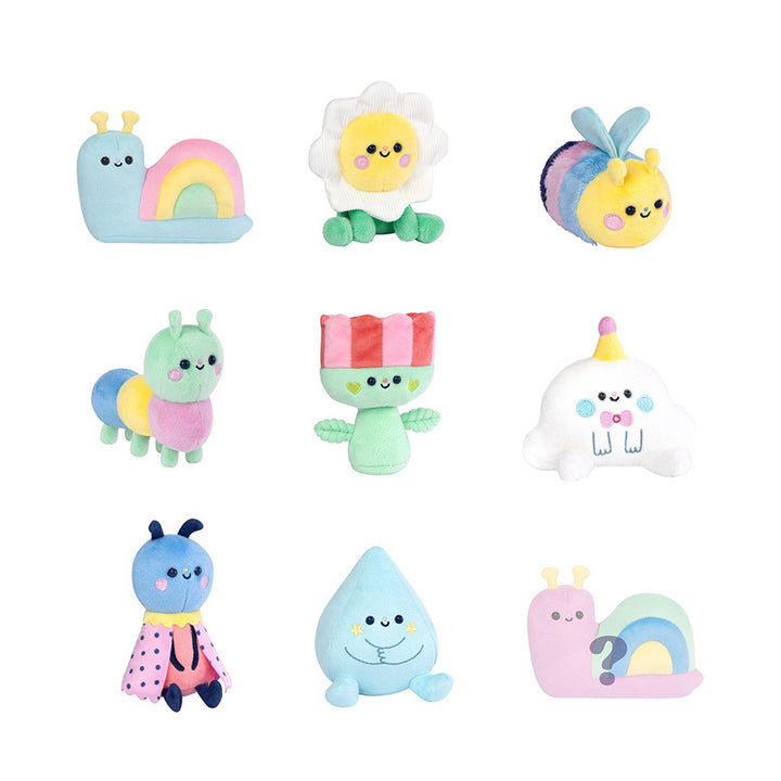 Picture of nine varying plush designs possible in blind box, including a secret design only half shown. All characters are nature themed with designs like clouds, plants, cute bugs, and more.