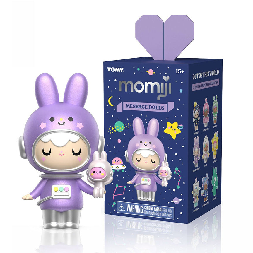 Vinyl figure of a girl with white hair wearing a purple bunny spacesuit, holding a smaller pink bunny friend character in it&