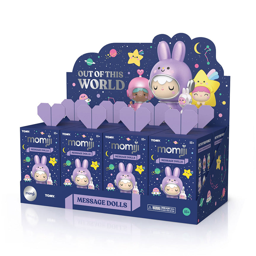 A full case of eight blind boxes. Case has a cute purple space design, the same look as the individual blind box packaging. 