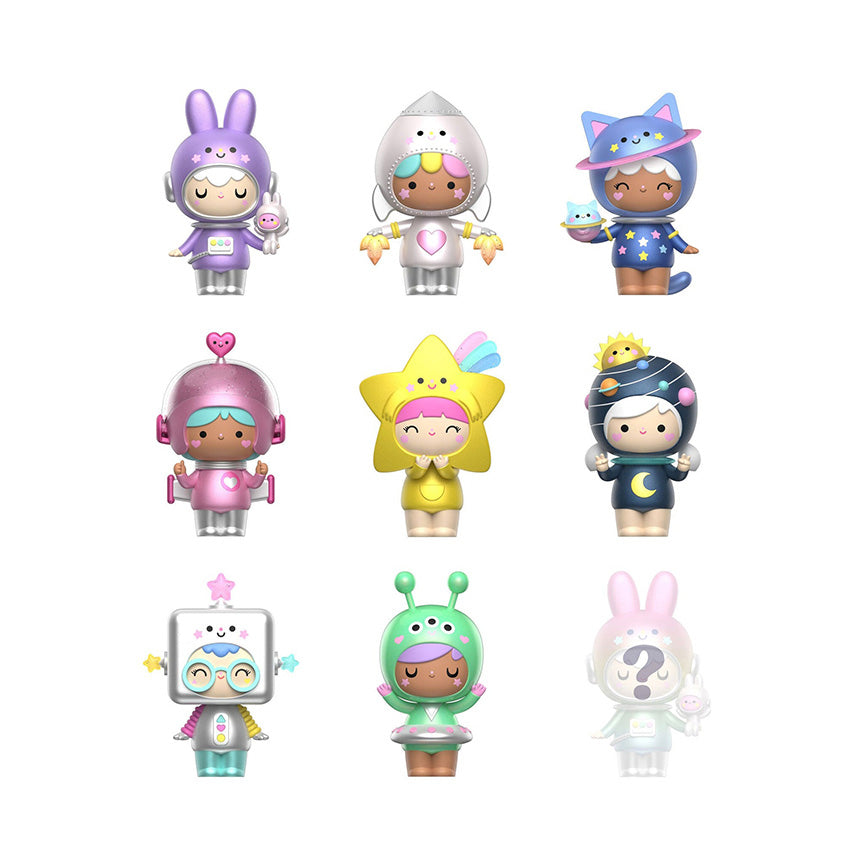 Picture of nine varying designs possible in blind box, including a secret design only half shown. All characters are space themed with designs like stars, robots, aliens, and more. 