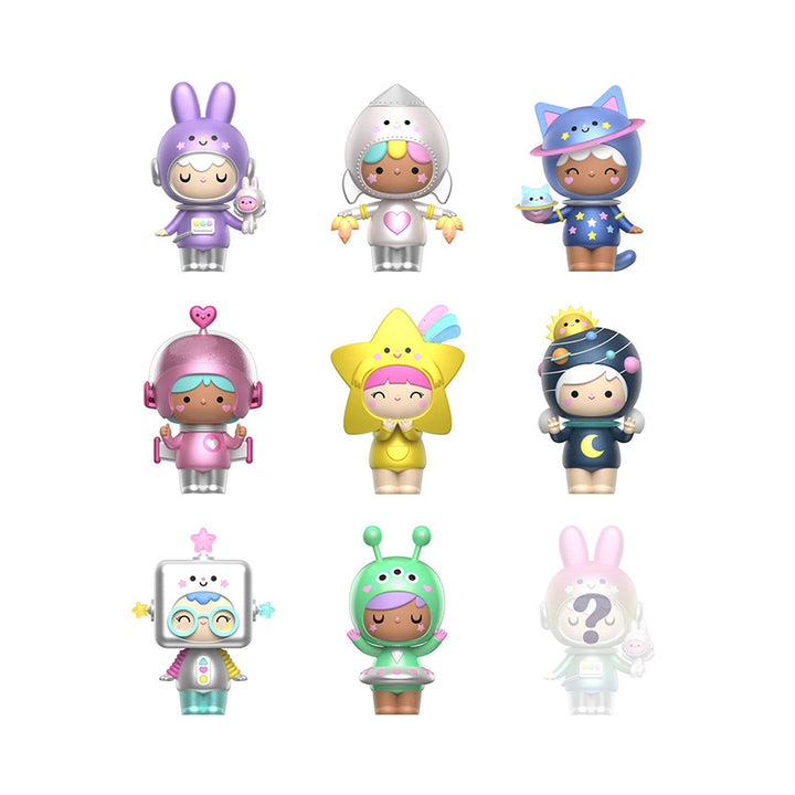 Picture of nine varying designs possible in blind box, including a secret design only half shown. All characters are space themed with designs like stars, robots, aliens, and more. 