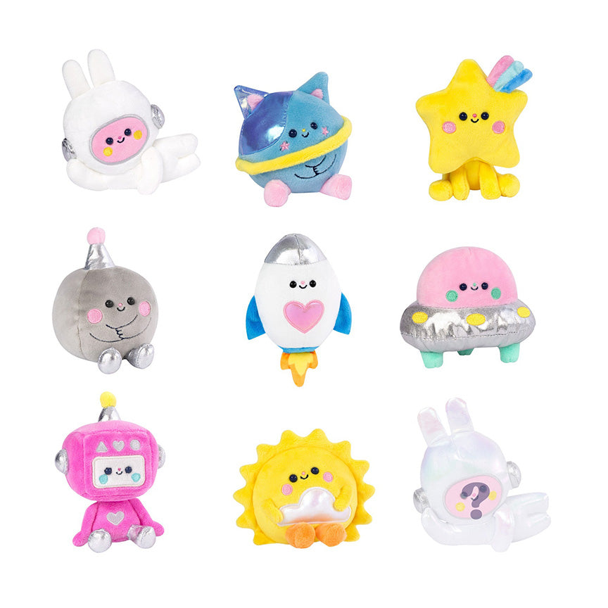 Picture of nine varying plush designs possible in blind box, including a secret design only half shown. All characters are space themed with designs like stars, planets, ships, and more.