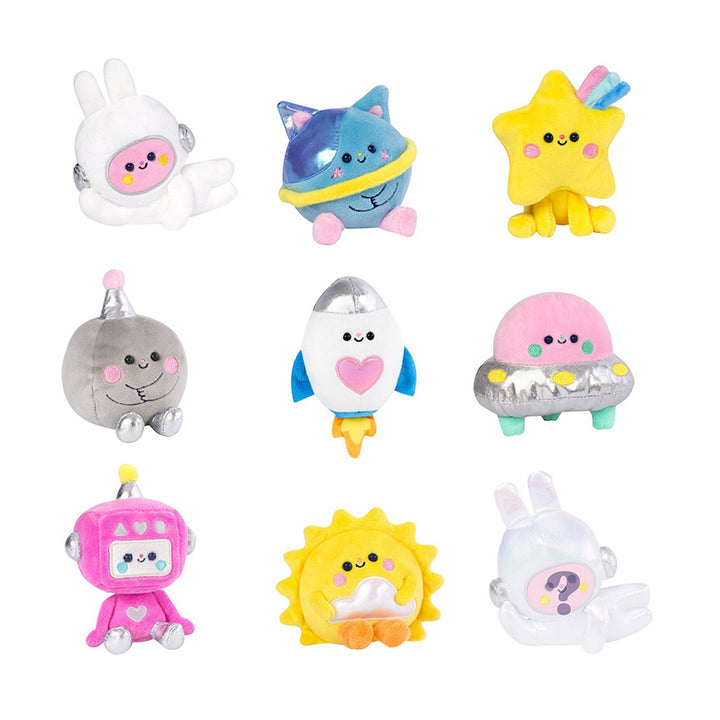 Picture of nine varying plush designs possible in blind box, including a secret design only half shown. All characters are space themed with designs like stars, planets, ships, and more.