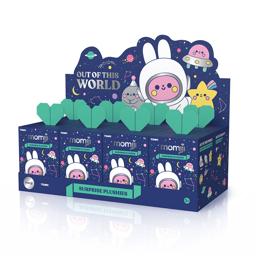 A full case of eight blind boxes. Case has a cute purple space design, the same look as the individual blind box packaging. 