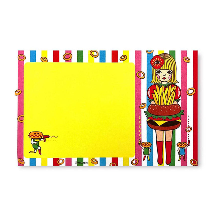 A colorful notepad with a girl and a hamburger on the cover, with multicolored stripes and decorative elements.