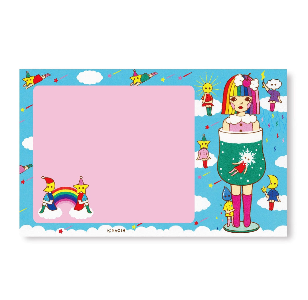 Notepad with colorful illustration with a character with pink boots in a green cup on a blue sky background.